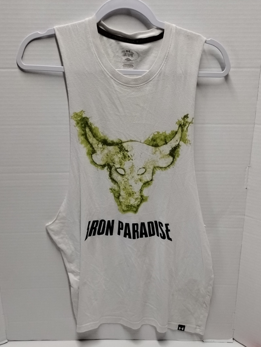 Under Armour White Crewneck Tank with Green Skull Artwork Project Rock Large
